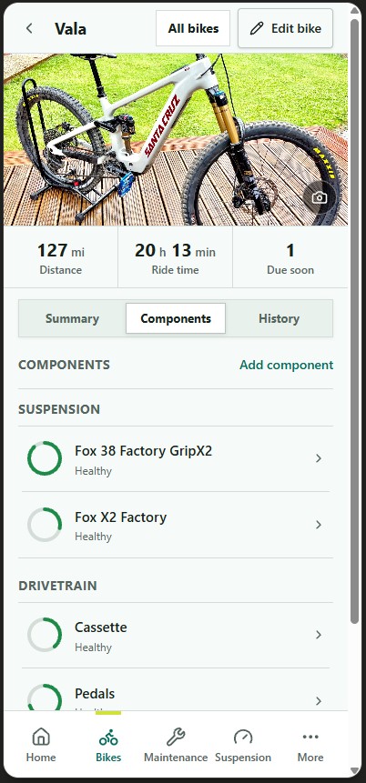 RideSet components screen listing suspension and drivetrain components